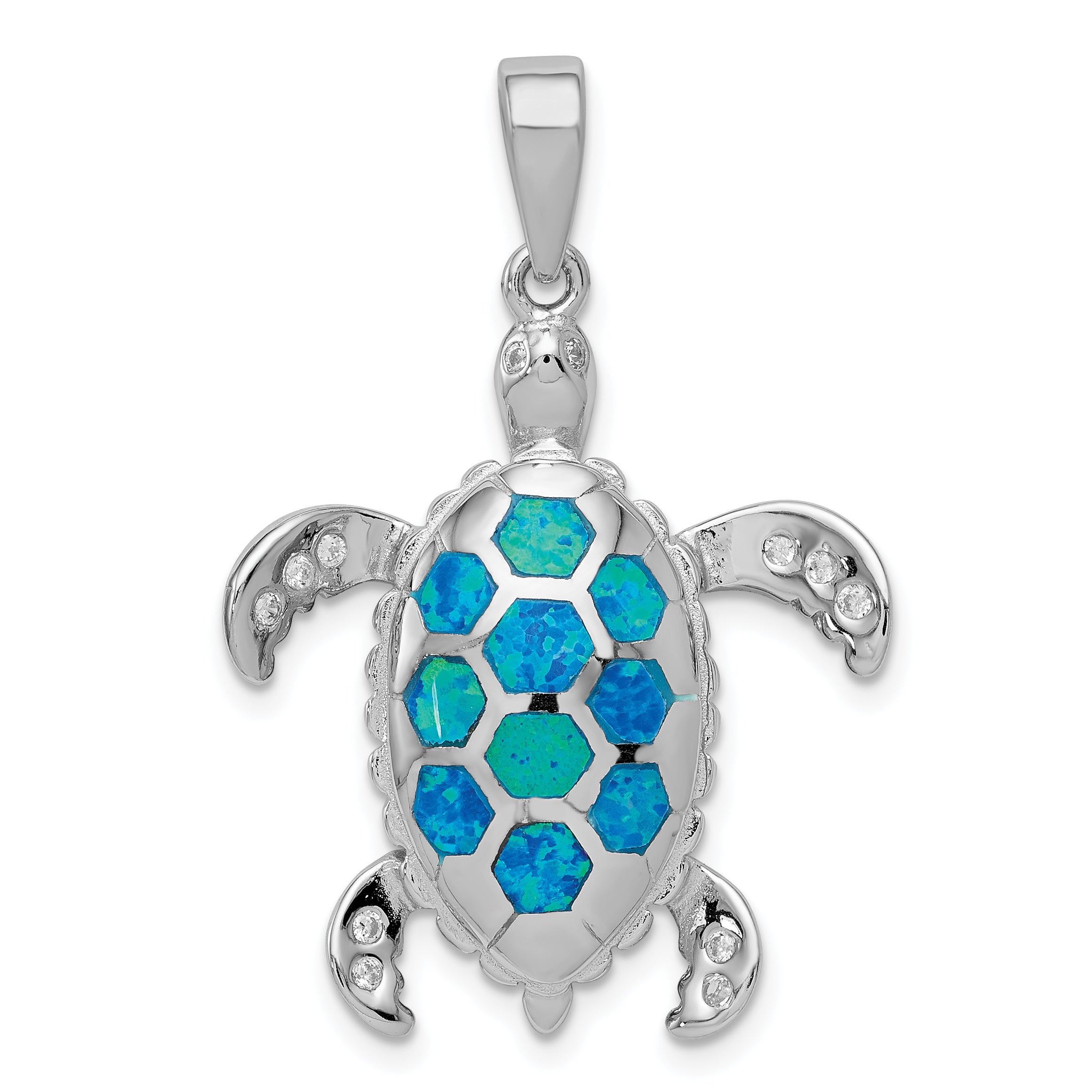Sterling Silver Created Blue Opal Inlay & CZ Tortoise Pendant