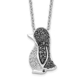 White Night Sterling Silver Rhodium-plated Black and White Diamond Penguin 18 Inch Necklace with 2 Inch Extender