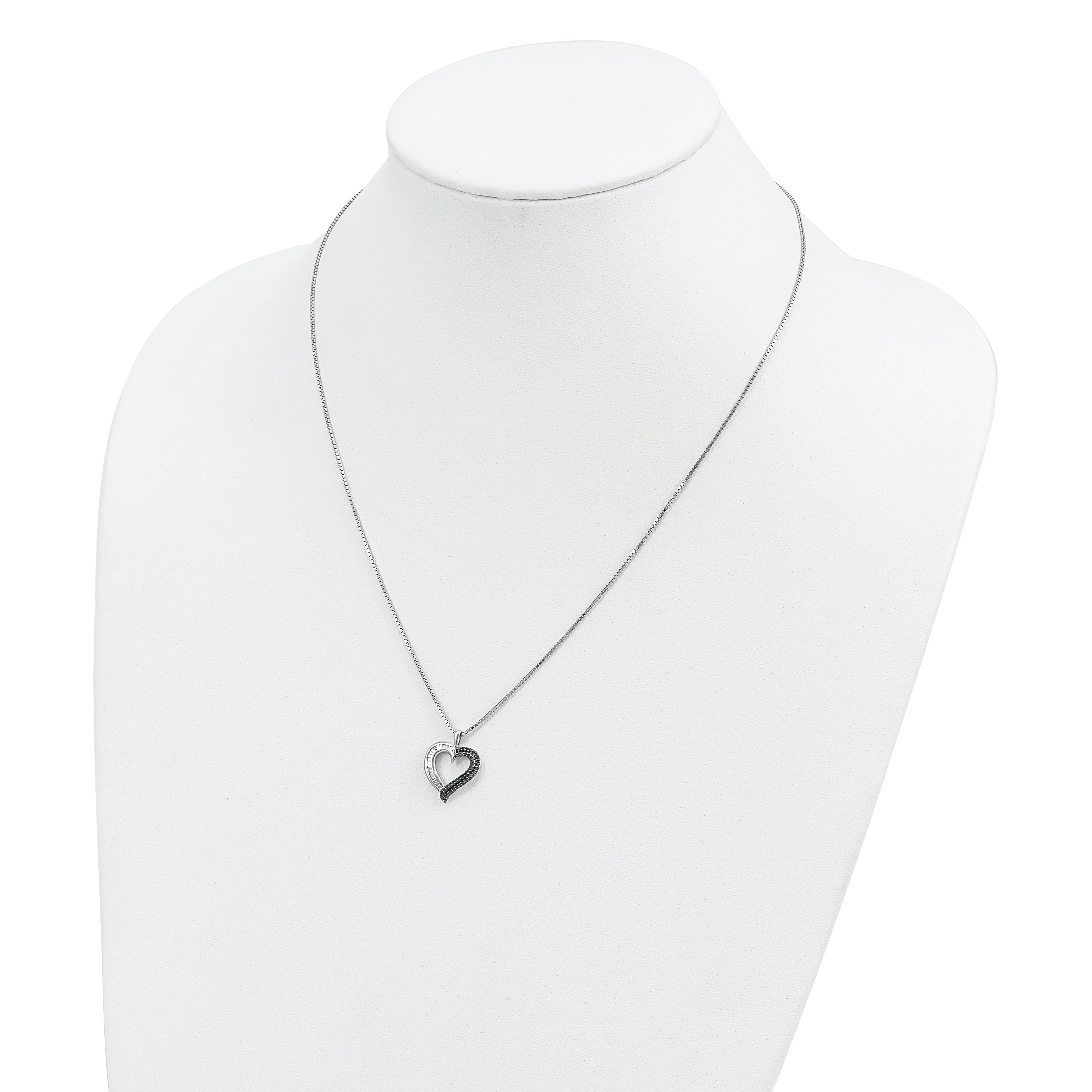 White Night Sterling Silver Rhodium-plated Black and White Diamond Heart 18 Inch Necklace with 2 Inch Extender