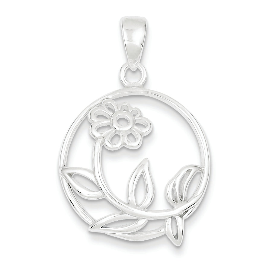 Sterling Silver Polished Flower Circle Pendant
