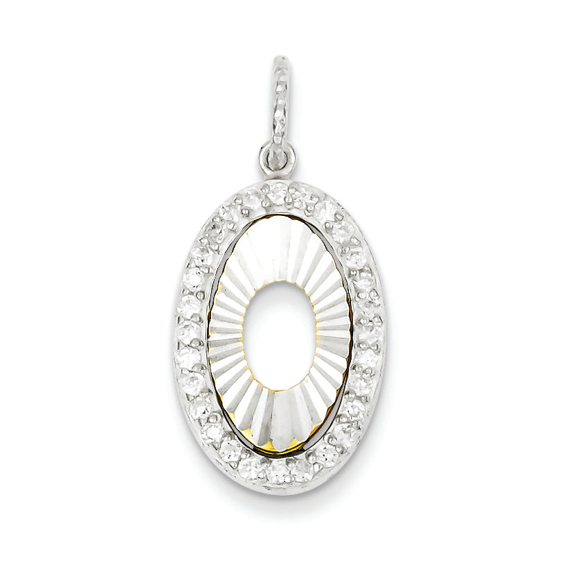Sterling Silver and Flash Gold Plated CZ Diamond Cut Oval Pendant