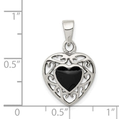 Sterling Silver Filigree Frame Onyx Heart Antiqued Heart Pendant