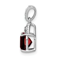 Sterling Silver Rhodium Plated Diamond Garnet Cushion Pendant