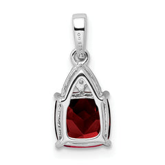 Sterling Silver Rhodium Plated Diamond Garnet Cushion Pendant