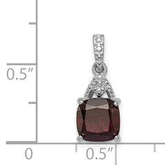 Sterling Silver Rhodium Plated Diamond Garnet Cushion Pendant
