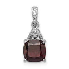 Sterling Silver Rhodium Plated Diamond Garnet Cushion Pendant