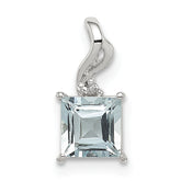 Sterling Silver Rhodium Plated Dia. & Aquamarine Square Pendant
