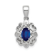 Sterling Silver Rhodium Plated Diamond & Sapphire Oval Pendant