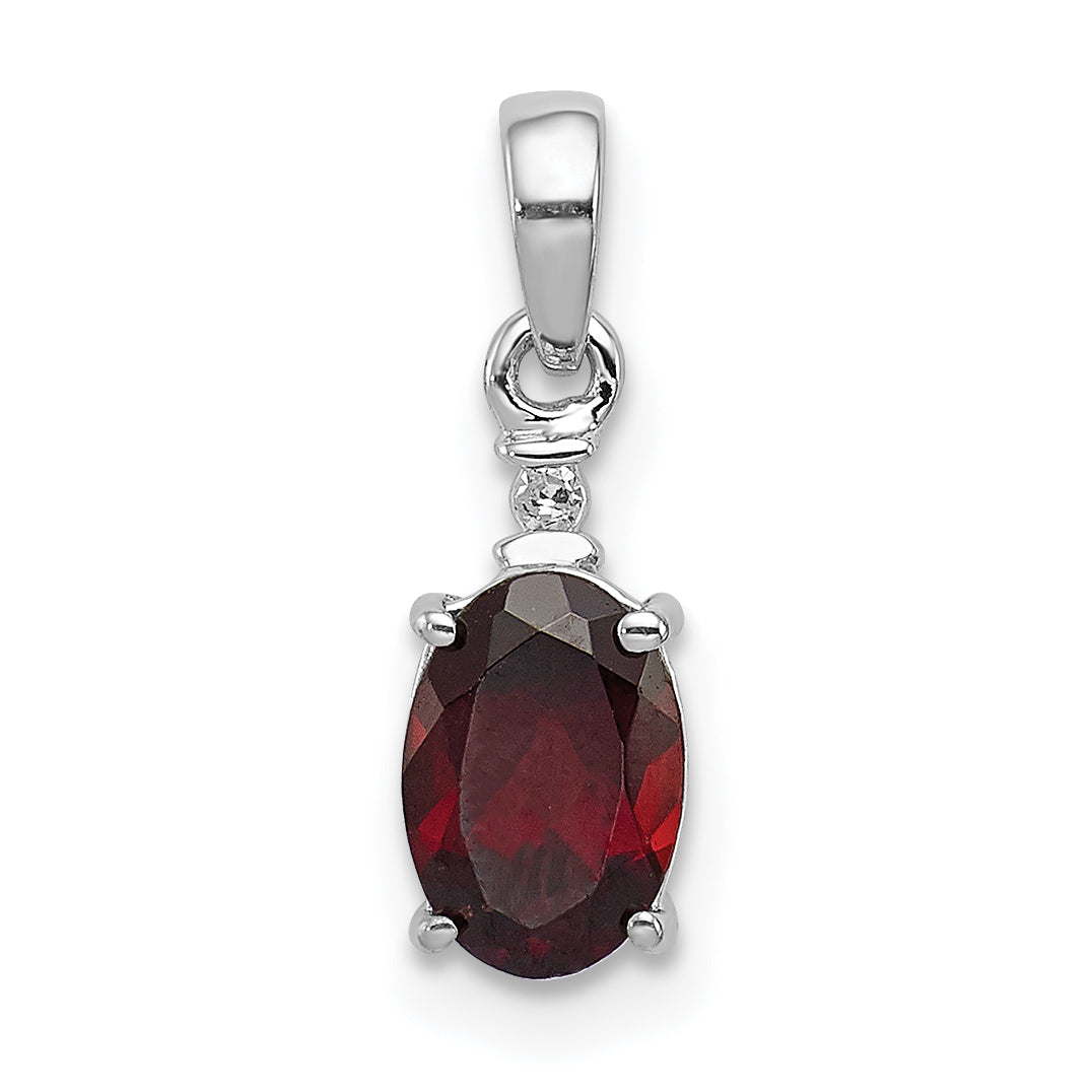 Sterling Silver Rhodium Plated Diamond & Garnet Oval Pendant