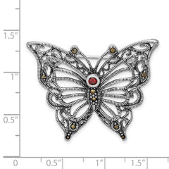 Sterling Silver 925 Red CZ Butterfly Pin with Rhodium Finish
