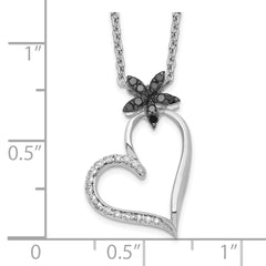 White Night Sterling Silver Rhodium-plated Black and White Diamond Heart with Flower 18 Inch Necklace with 2 Inch Extender