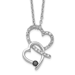 White Night Sterling Silver Rhodium-plated Black and White Diamond Double Heart 18 Inch Necklace with 2 Inch Extender