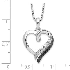 White Night Sterling Silver Rhodium-plated Black and White Diamond Heart Necklace with 2 Inch Extender
