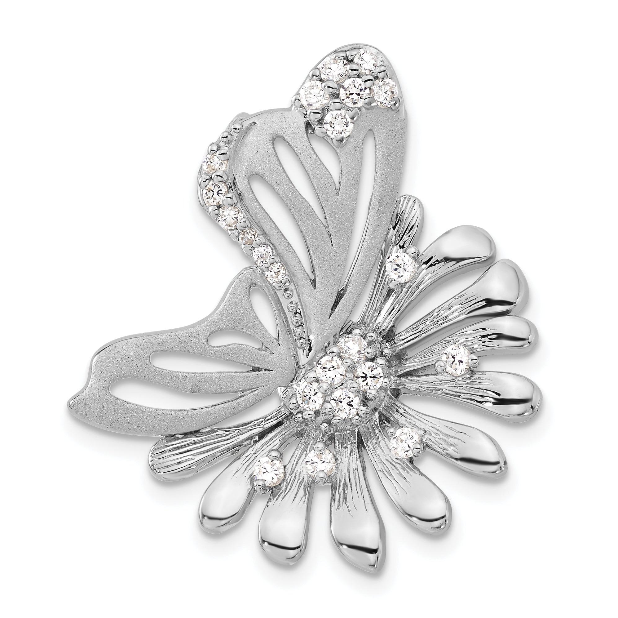 Sterling Silver Polished & Satin CZ Flower Butterfly Slide