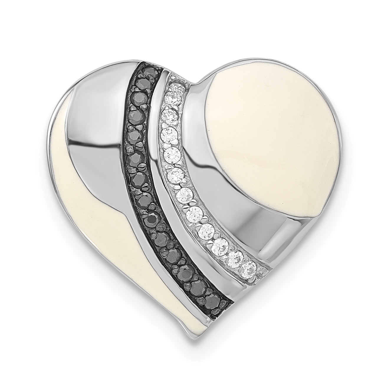Sterling Silver w/ Black Rhodium White & Black Enamel CZ Heart Chain Slide Pendant