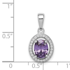 Sterling Silver Rhodium-plated w/ Purple & White CZ Oval Pendant