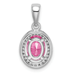 Sterling Silver Rhodium-plated w/ Pink & White CZ Oval Pendant