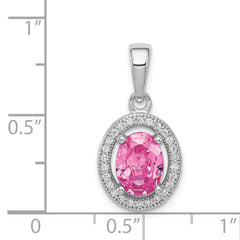 Sterling Silver Rhodium-plated w/ Pink & White CZ Oval Pendant