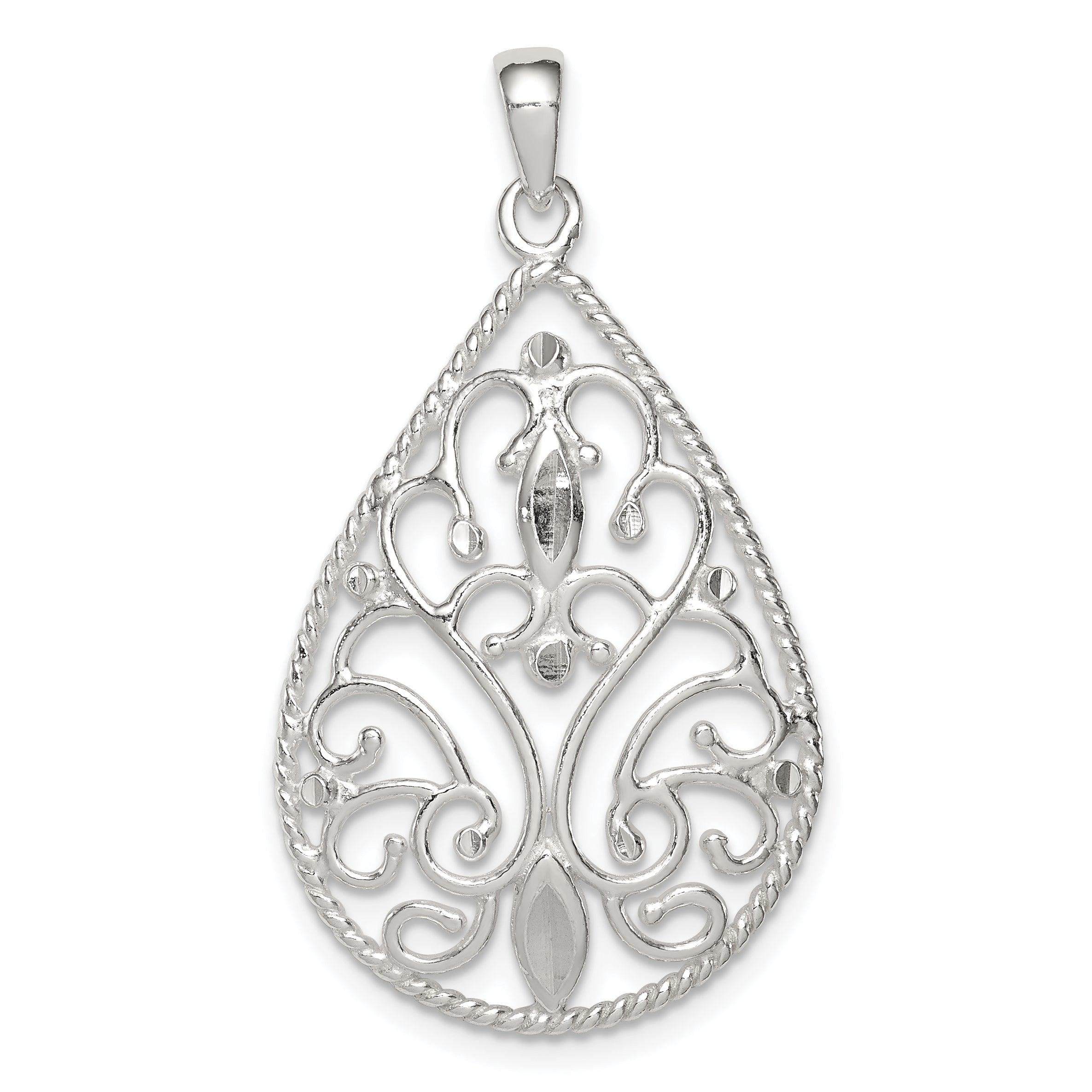 Sterling Silver Polished Filigree Diamond-cut Teardrop Pendant