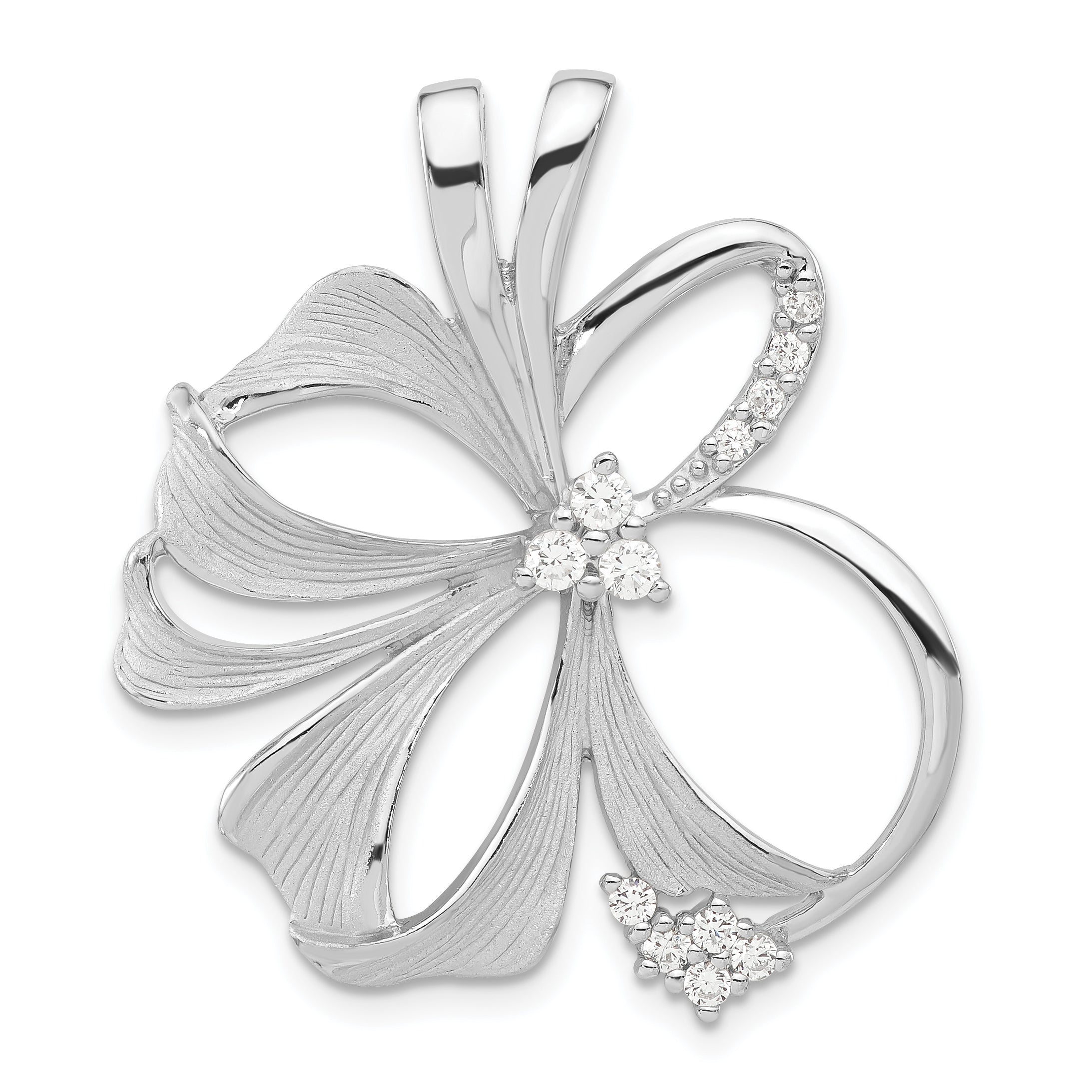Sterling Silver Polished & Satin CZ Flower Chain Slide Pendant
