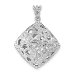 Sterling Silver Rhodium-plated Textured Crystal Floral Square Pendant