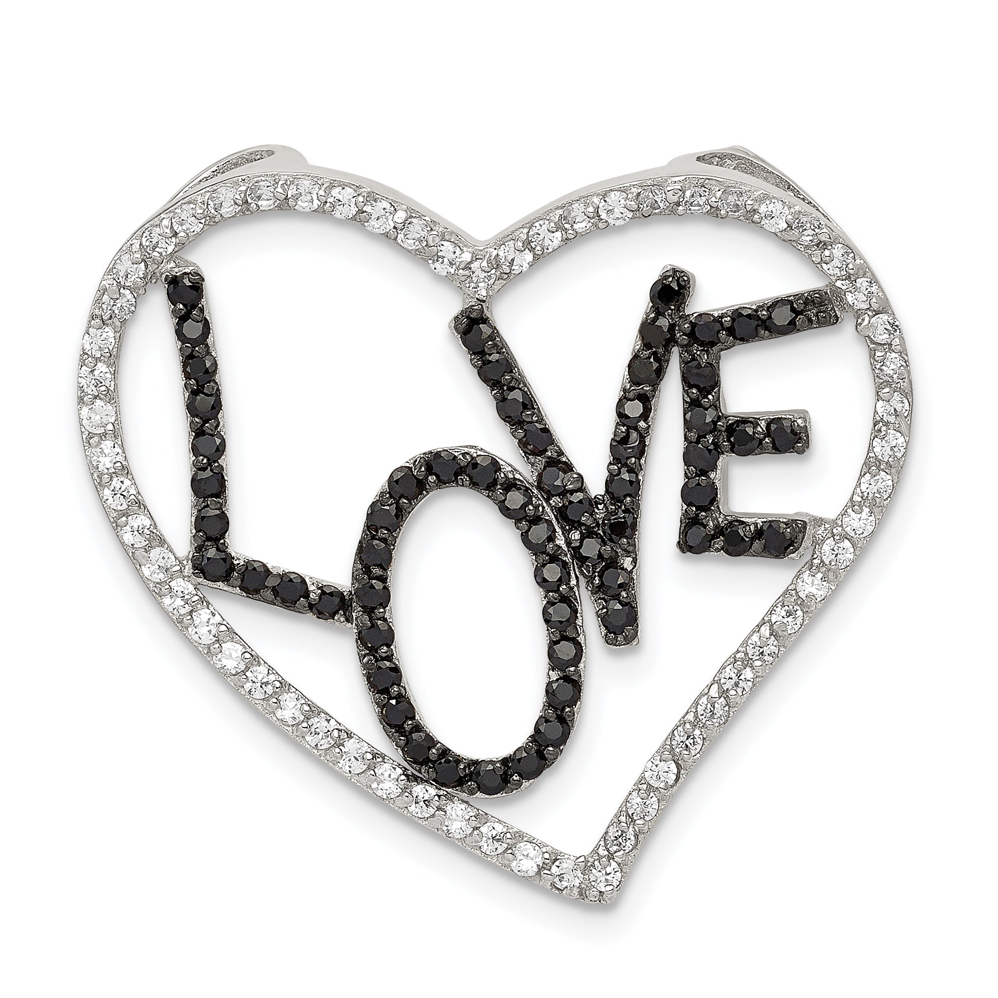 Sterling Silver Black/White Rhodium-plated CZ Love in Heart Chain Slide