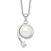 Sterling Silver Rhodium-plated 8-9mm White FWC Pearl CZ Pendant Necklace