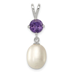 Sterling Silver Rhodium-plated Amethyst 8-9mm FWC Pearl Teardrop Pendant
