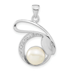 Sterling Silver Polished CZ & 8-9mm FW Cultured Pearl Rabbit Pendant