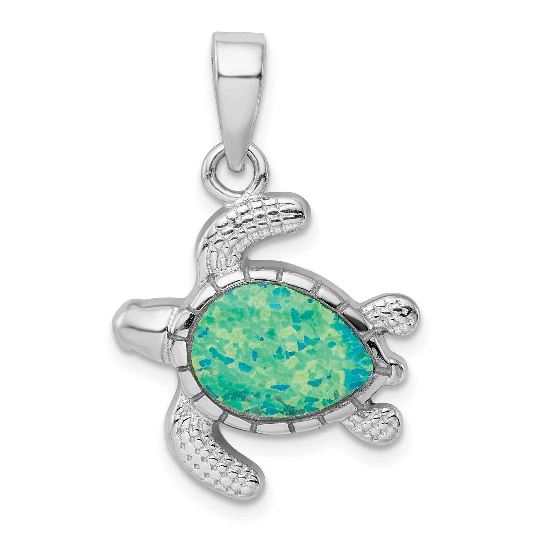 Sterling Silver Rhodium-plated Green Inlay Created Opal Turtle Pendant