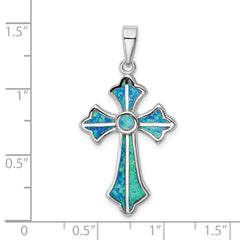 Sterling Silver Rhodium-plated Blue Inlay Created Opal Cross Pendant