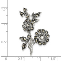 Sterling Silver 925 Flower Pin with Marcasite and Acrylic Pearls Vintage Elegance