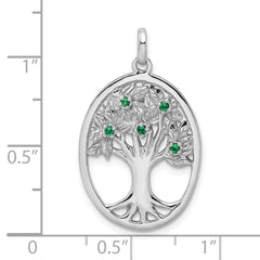 Sterling Silver Rhodium-plated Green Glass Buds Oval Tree Pendant