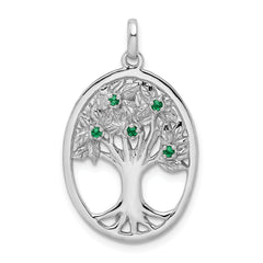 Sterling Silver Rhodium-plated Green Glass Buds Oval Tree Pendant