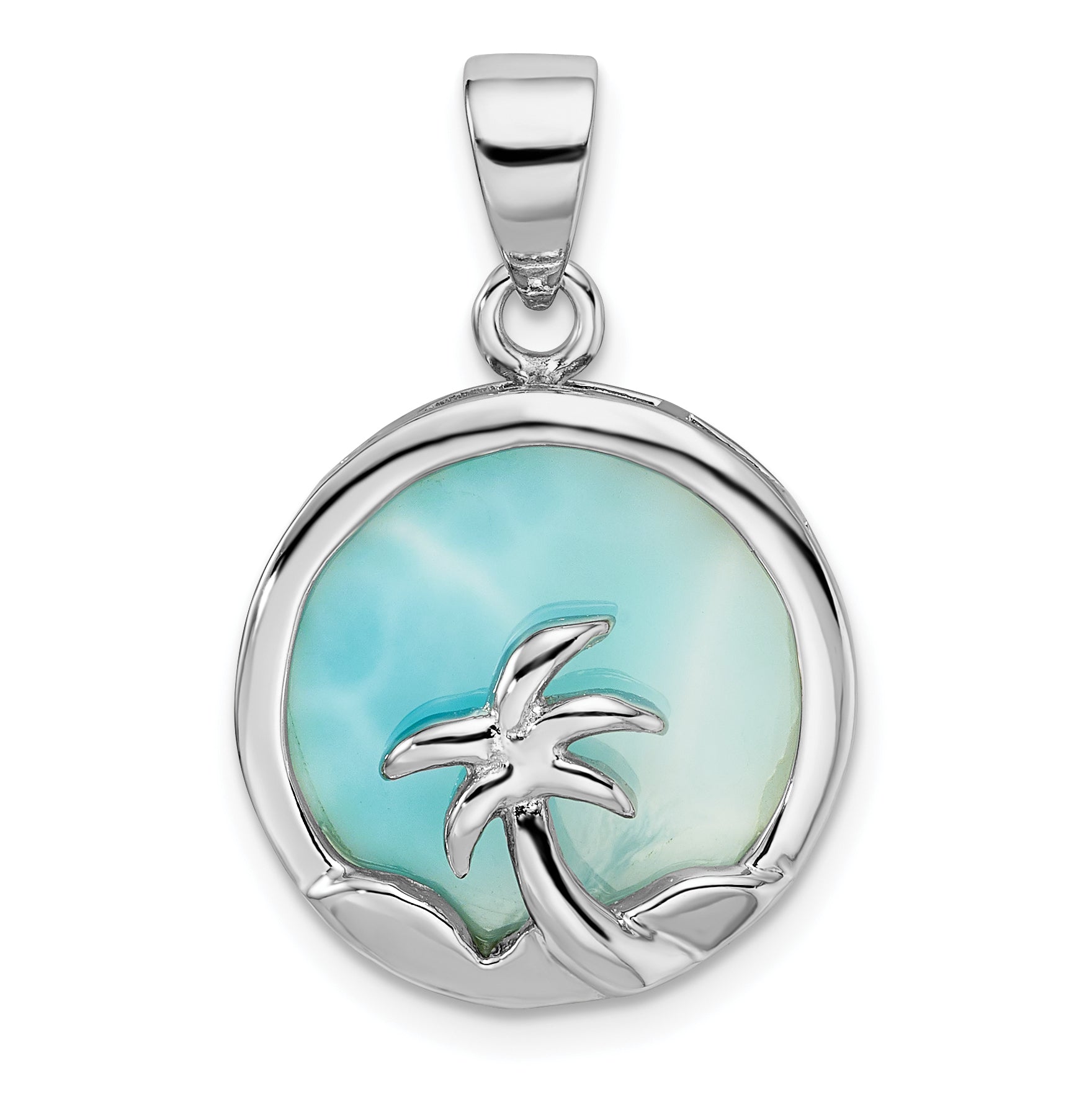 Sterling Silver Rhodium-plated Larimar w/Palm Tree Pendant