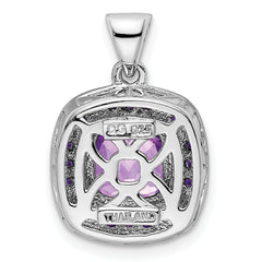 Sterling Silver Rhodium-plated Diamond & Amethyst Square Pendant