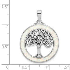 Sterling Silver Rhodium-plated Created Opal Circle w/Tree Pendant
