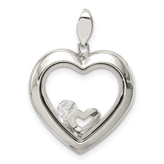 Sterling Silver Rhodium-plated CZ 19mm Heart Glass Pendant