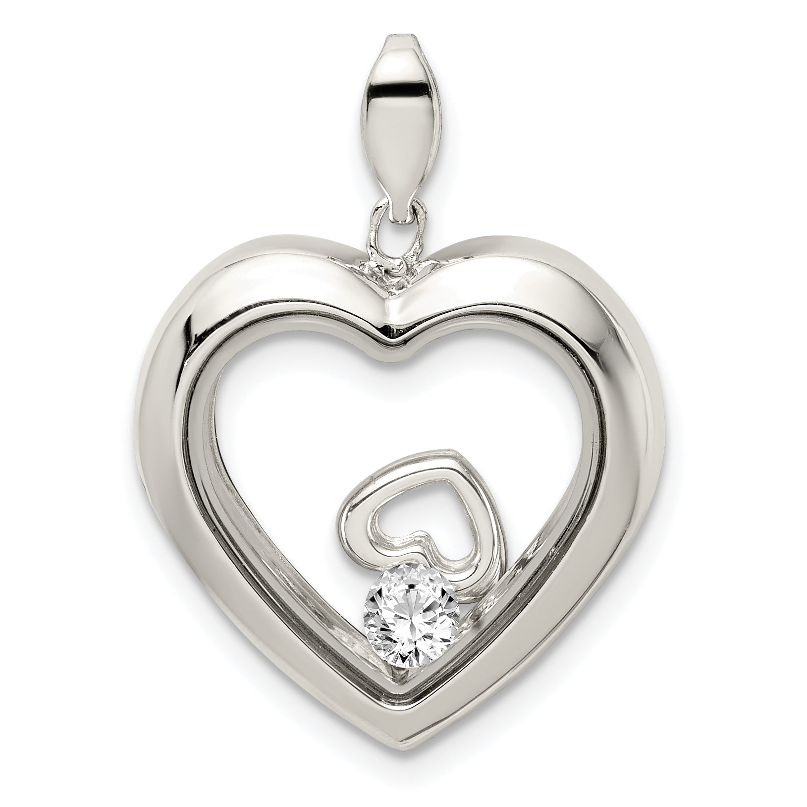 Sterling Silver Rhodium-plated CZ 19mm Heart Glass Pendant