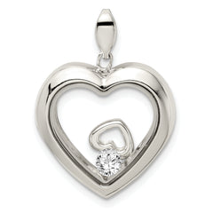 Sterling Silver Rhodium-plated CZ 19mm Heart Glass Pendant