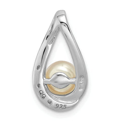 Sterling Silver Rhodium-plated CZ (6-7mm) FWC Pearl Teardrop Chain Slide