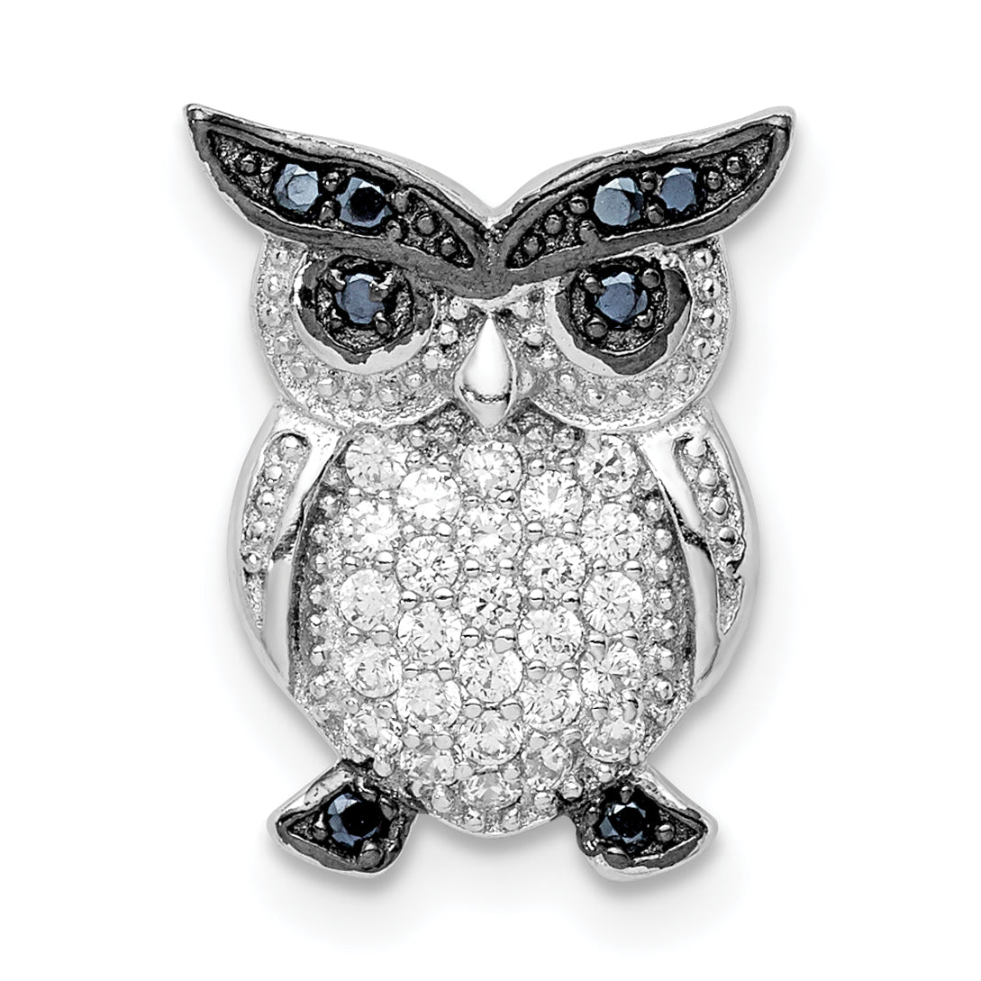 Sterling Silver Rhodium-plated Black and Clear CZ Owl Chain Slide