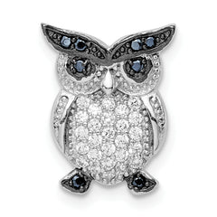 Sterling Silver Rhodium-plated Black and Clear CZ Owl Chain Slide