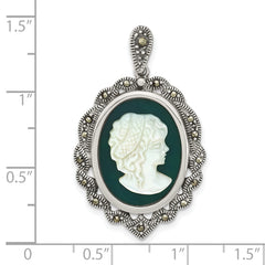 Sterling Silver Antiqued Marcasite Green Agate & MOP Cameo Pendant