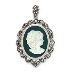 Sterling Silver Antiqued Marcasite Green Agate & MOP Cameo Pendant