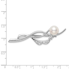 Sterling Silver Freshwater Pearl & CZ Brooch with Rhodium Finish