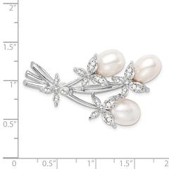 Sterling Silver Rhodium-Plated Floral Pearl Brooch with CZ Elegance