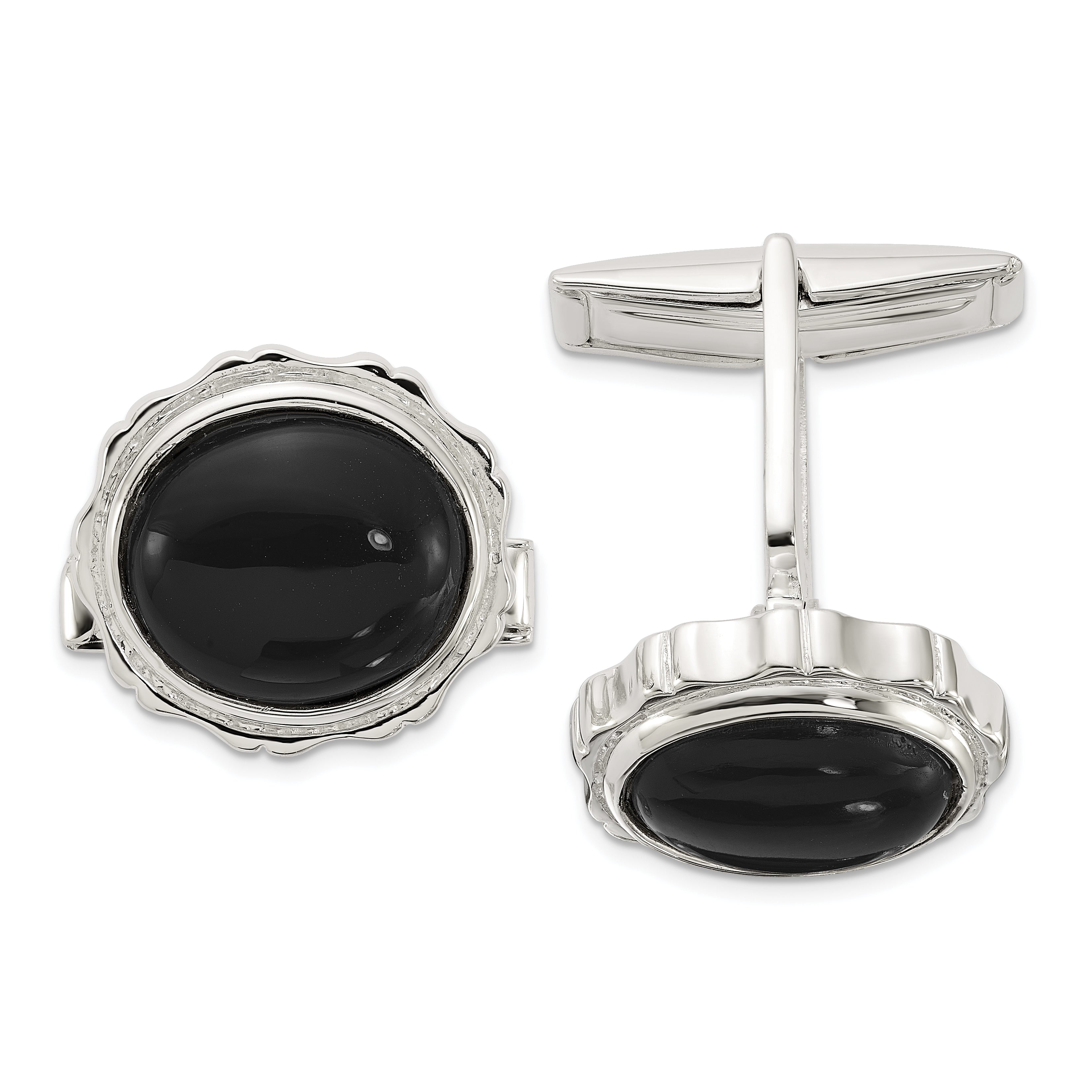 Sterling Silver Polished Round with Textured Sides Onyx Cuff Links