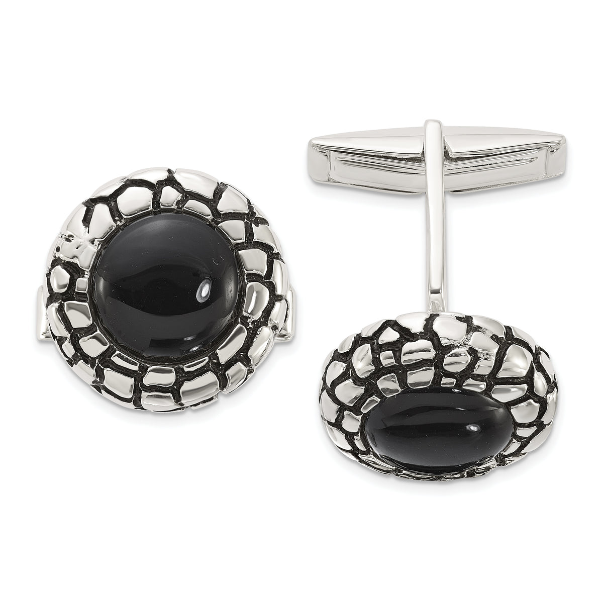 Sterling Silver Polished Round Onyx with Enamel Cuff Links