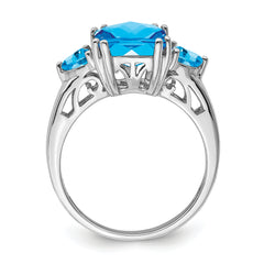 Sterling Silver Rhodium Checker-Cut Blue Topaz Ring